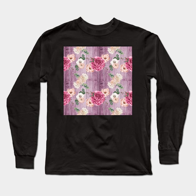 Carnations and Peonies on Purple Wood Background Long Sleeve T-Shirt by allthumbs